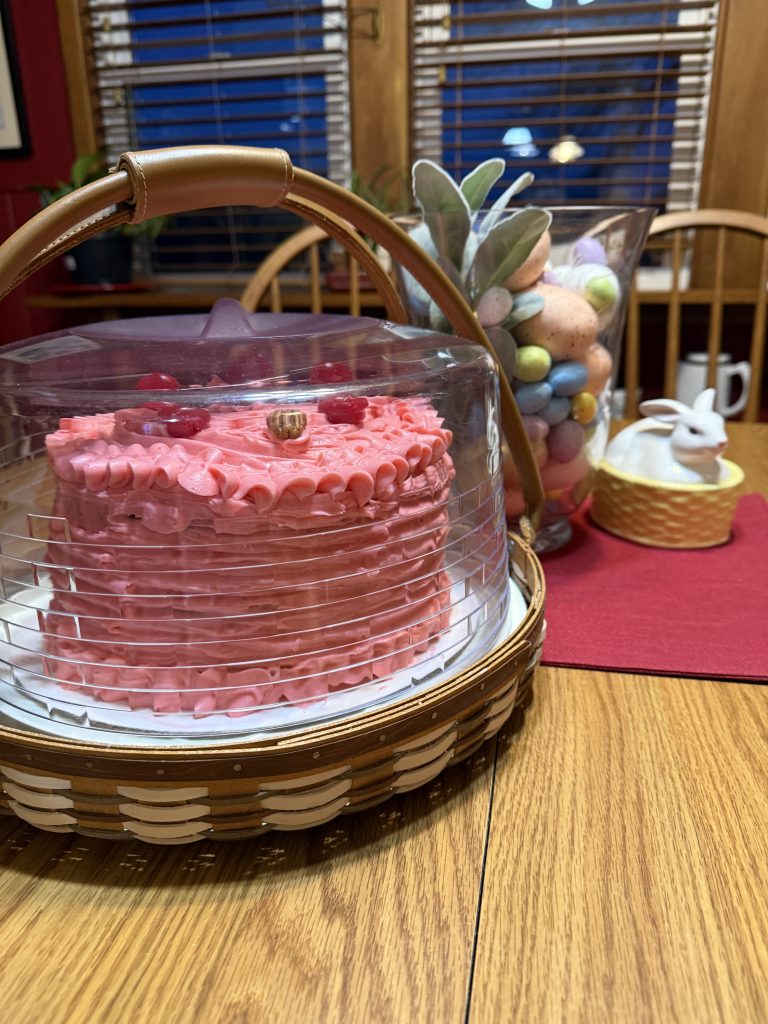 This cake reminds me of a fruit and nut easter egg with the cherries, white chocolate and pecans. 